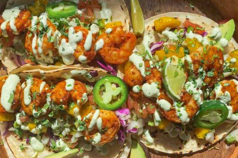 The Best Shrimp Tacos with Mango Pico and Cilantro Sauce