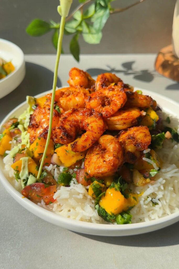 loaded shrimp and rice bowl